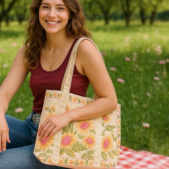 April Cornell for Danica Sunflower Market Tote Bag 100% Cotton Floral Canvas New - Picture 1 of 15